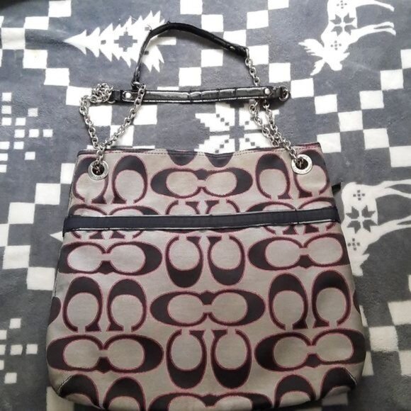 Coach Black Gray Pink Canvas Chain Strap Shoulder Tote Handbag No H1282-21161 - Picture 2 of 16